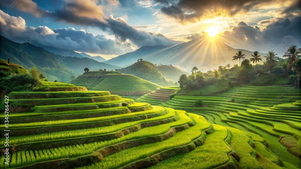 Fototapeta premium Sunlit Lush Green Rice Terraces: Agricultural Harmony with Nature