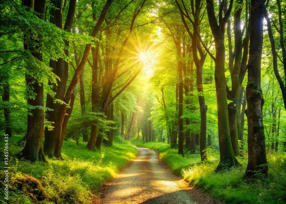 Obraz premium Sunlit Forest Path: Deep Depth of Field Woods Stock Photo