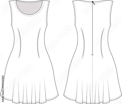 sleeveless round neck princess darted tailored zippered fit and flared mini short a line dress template technical drawing flat sketch cad mockup fashion woman design style model 
