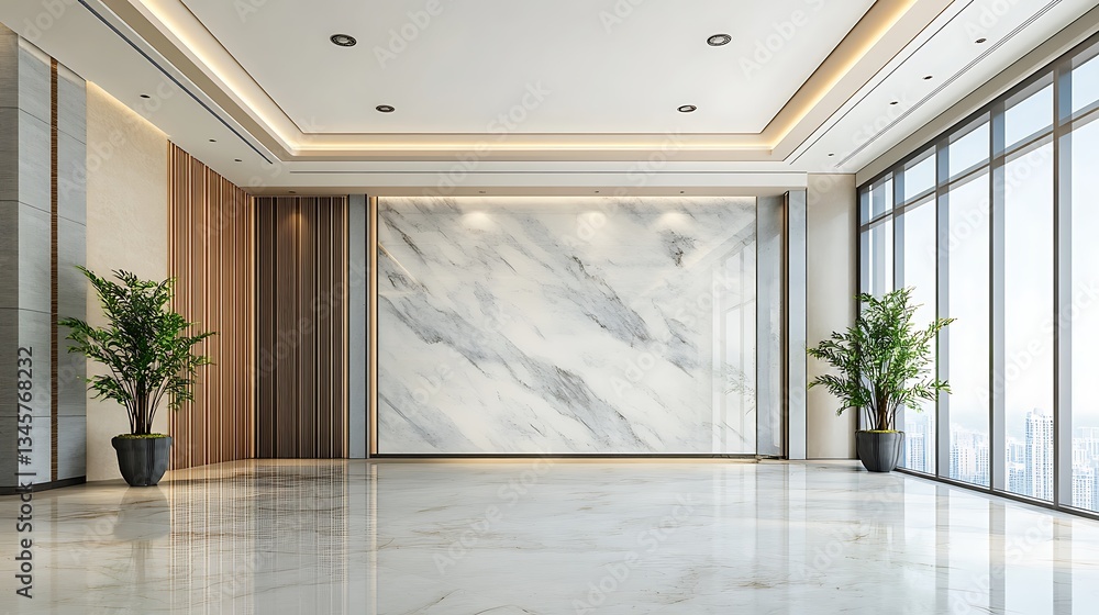 Fototapeta premium Modern Office Interior Design: 3D Render of Luxurious Lobby with Marble Wall AI Generated