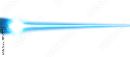Bright blue laser beam light streak effect on white background.