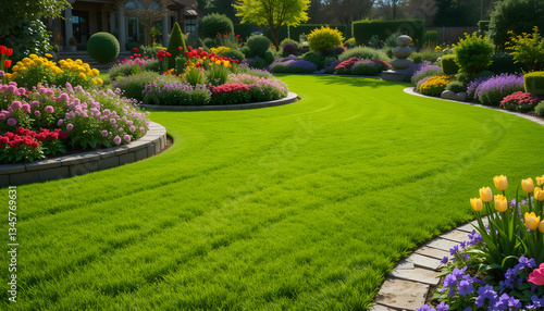 Wallpaper Mural Beautiful Garden with Colorful Flowers and Lush Green Lawn Torontodigital.ca