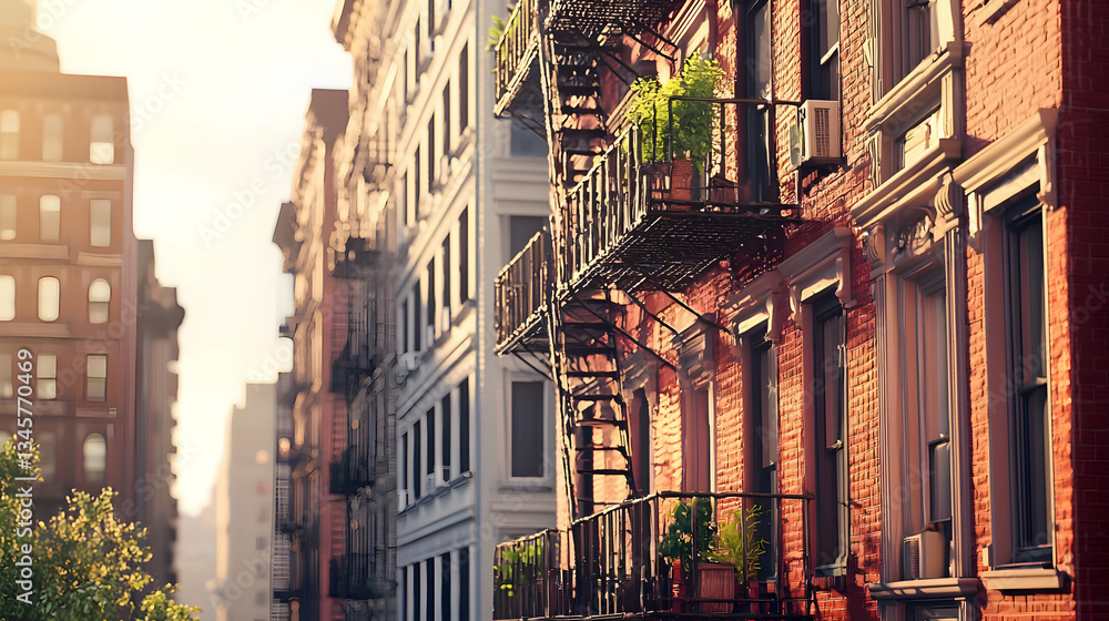 Naklejka premium Brick Buildings With Balconies Along The Street During Day With Sunlit Windows And Green Plants