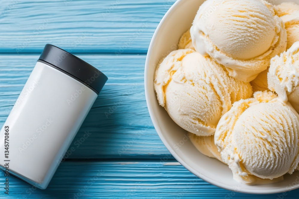 Vanilla baking desert delight. Creamy vanilla ice cream in a bowl with milk on a blue wooden surface. Vanilla baking desert delight. Creamy vanilla ice cream in a bowl with milk on a blue wooden surface.