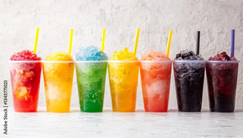 Seven clear plastic cups filled with colorful shaved ice and matching straws, arranged in row. Each cup showcases distinct hue, creating vibrant rainbow effect Seven clear plastic cups filled with colorful shaved ice and matching straws, arranged in row. Each cup showcases distinct hue, creating vibrant rainbow effect