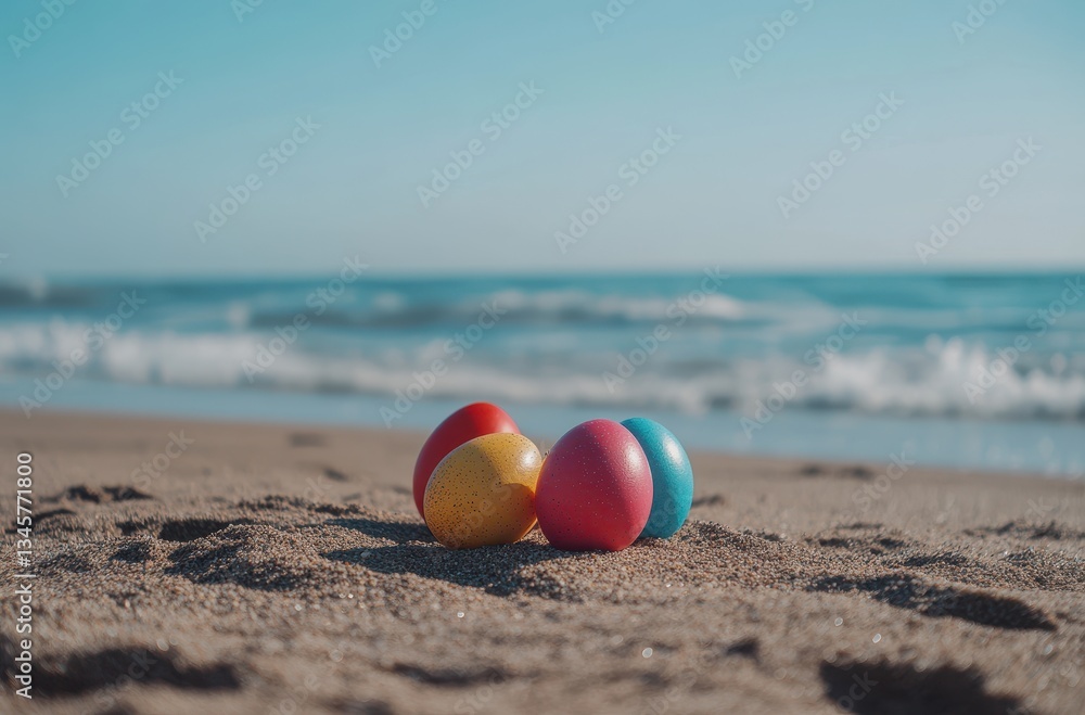 Obraz premium Colorful Easter Eggs Arranged on a Sandy Beach with Gentle Ocean Waves in the Background Under Clear Blue Sky