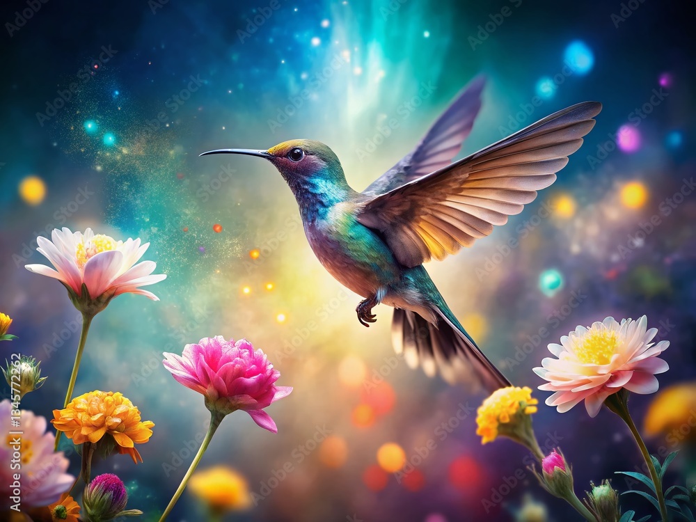 Naklejka premium Surreal Hummingbird Flight: Dreamlike Wings in Vibrant Bloom