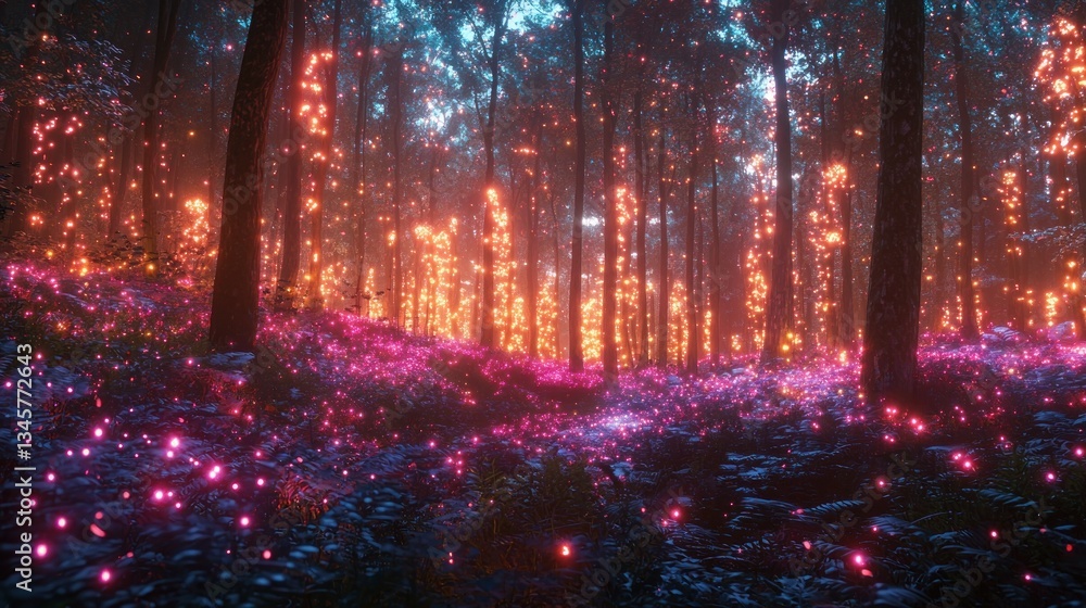 A mystical forest with vibrant glowing lights and colorful tones A mystical forest with vibrant glowing lights and colorful tones