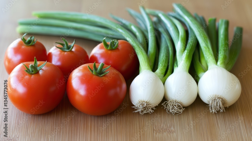 Fresh Red Tomatoes and Green Onions Arranged Creatively on Wooden Surface for Culinary Inspiration and Healthy Eating Fresh Red Tomatoes and Green Onions Arranged Creatively on Wooden Surface for Culinary Inspiration and Healthy Eating