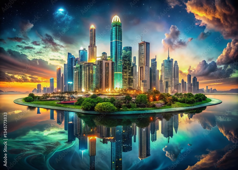 Fototapeta premium Surreal Panama Cityscape: Vibrant Dreamscape of Skyscrapers and Canals