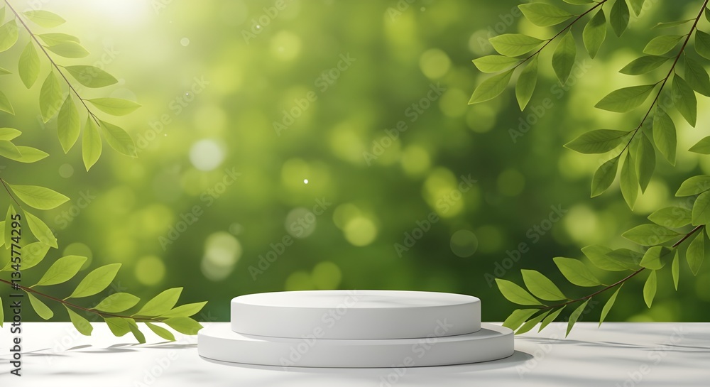 Elegant Nature-Themed Product Display Podium with Green Leaves and Sunlight Elegant Nature-Themed Product Display Podium with Green Leaves and Sunlight