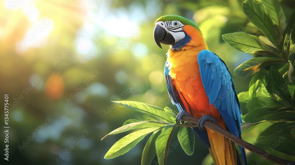 Obraz premium A colorful parrot perched on a tree branch in sunlight