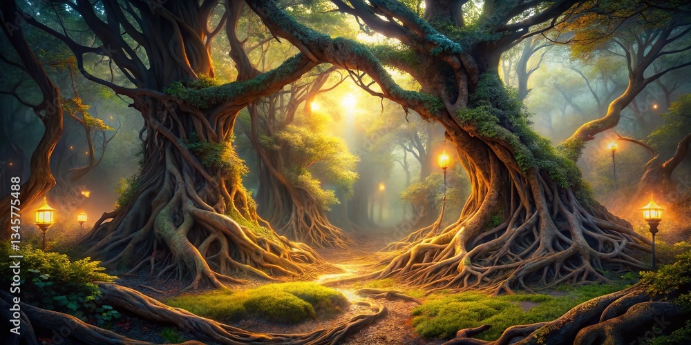 Naklejka premium Surreal Twisted Tree Roots, Fantasy Forest, Magical Nature Photography