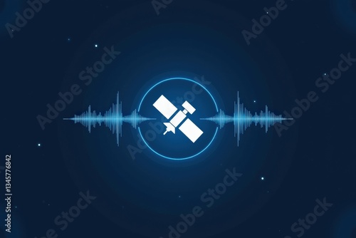 Stylized Graphic of a Satellite in Space with Sound Waves, Representing Communication and Technology in the Cosmos
