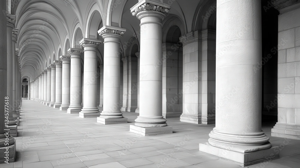 Classical Colonnade: Monochromatic Architecture with Stone Columns and Arches Classical Colonnade: Monochromatic Architecture with Stone Columns and Arches