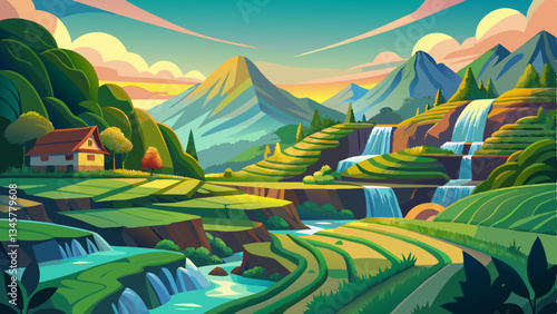 vector of peaceful mountain landscape where emerald rice fields blend harmoniously with cascading waterfalls