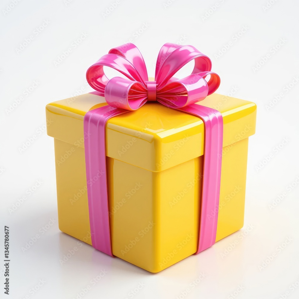 Obraz premium Yellow Gift Box with Pink Ribbon and Bow for Special Occasion