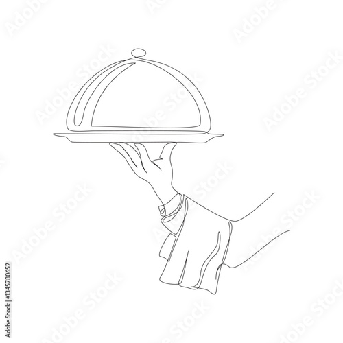 One line continuous waiter with tray closed lid restaurant concept