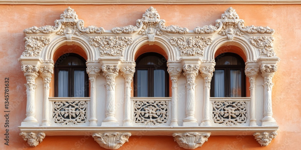Fototapeta premium Elegant balcony with floral ornaments and columns enhancing a building's facade