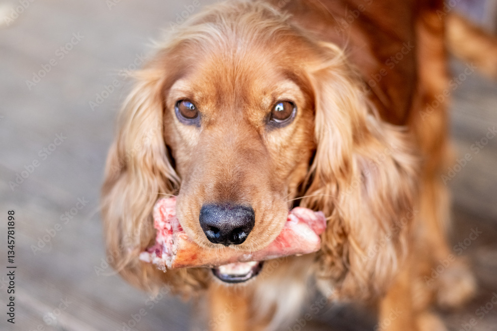 golden cocker spaniel with a bone in its teeth on a blurred background golden cocker spaniel with a bone in its teeth on a blurred background