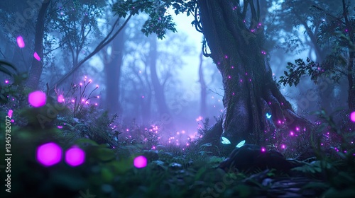 Fototapeta Naklejka Na Ścianę i Meble -  Mystical forest glowing with vibrant light