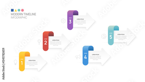 Modern 5 step infographics elements with arrow and icon, timeline business template vector illustration.