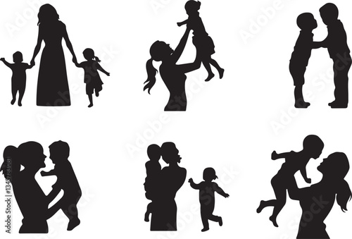 Set of Mother and Daughter Silhouette Vectors, Mother and toddler silhouette vector set – Mother's Day Special silhouette vector set