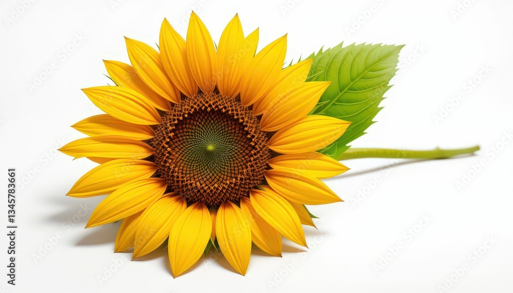 Fototapeta premium Vibrant Single Sunflower with Leaf on White Background