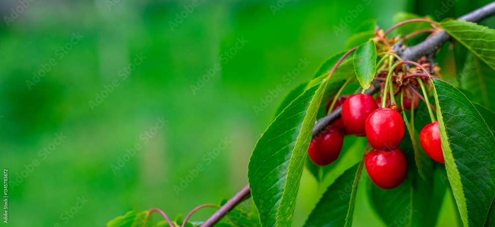 Obraz premium Ripe red cherries on a branch with green leaves