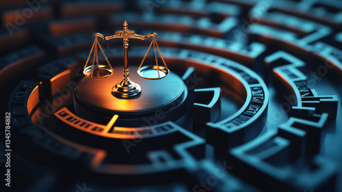 Golden scales of justice on labyrinth with a blue background and a target symbol representing success achievement  law and balance