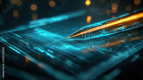 Blue electronic circuit board with pen computer chips and digital connections