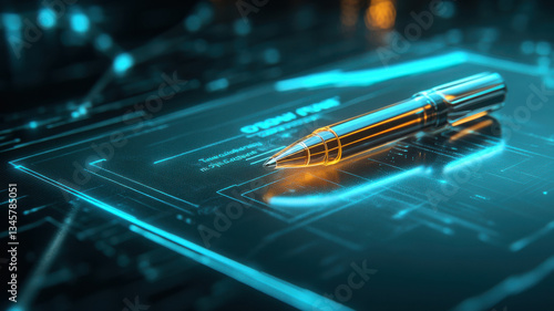 Blue electronic circuit board with pen computer chips and digital connections