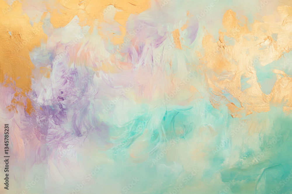 Fototapeta premium A dreamy, colorful abstract background featuring iridescent reflections on a glassy surface. The soft, shifting colors in pastel mint, lavender blush, and golden cream create a peaceful, luxurious,