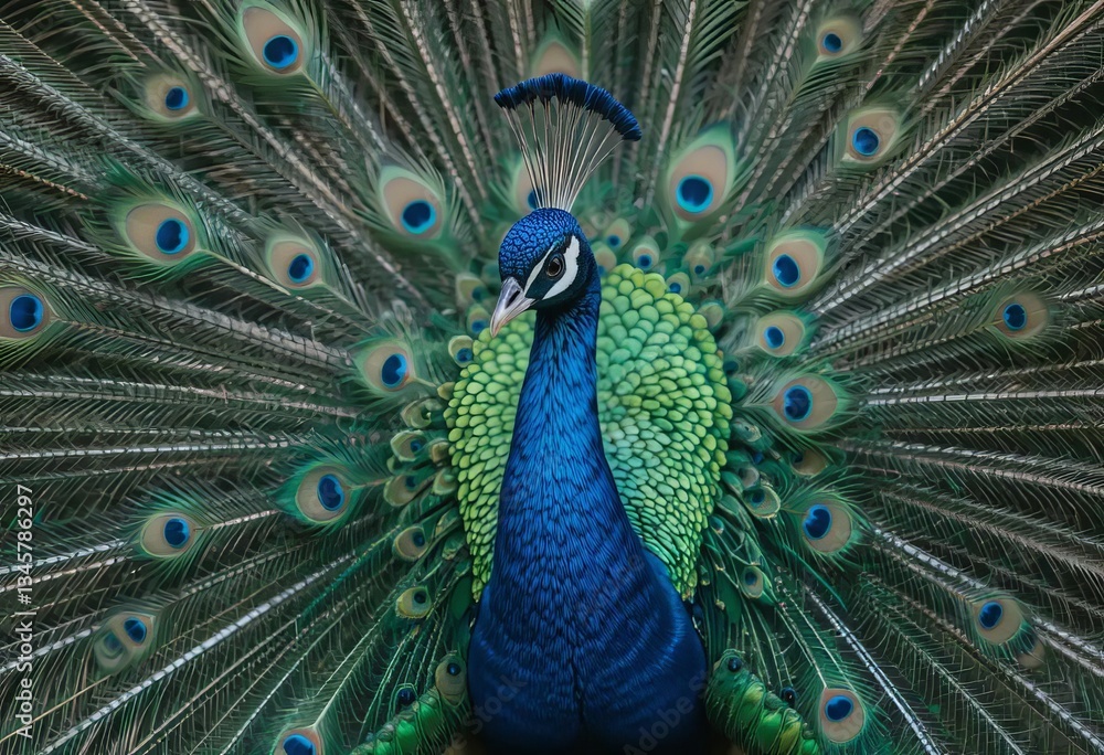 Obraz premium A close-up of a male peacock showing off its colorful feathers