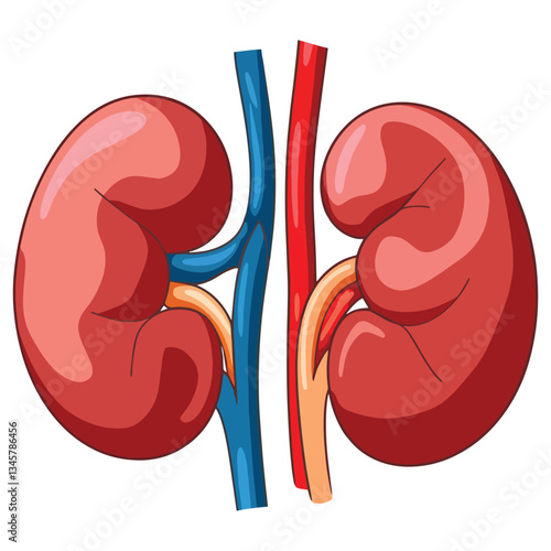 Human kidneys pair illustration. Flat vector design of kidneys, part of the urinary system. Ideal for educational and anatomical concepts. Isolated on a white background.