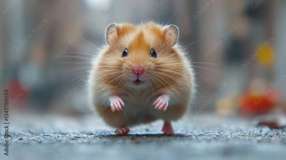 Tiny golden Syrian hamster scurries forward with twitching whiskers on white background Tiny golden Syrian hamster scurries forward with twitching whiskers on white background
