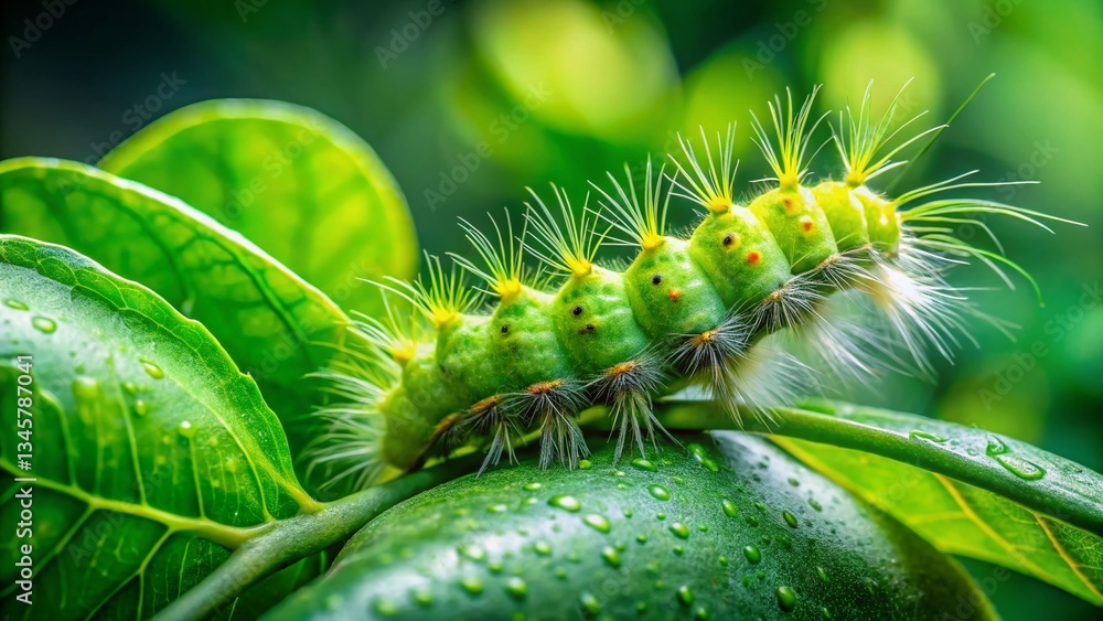 Naklejka premium Vibrant Lime Green Hairy Caterpillar on Fresh Lime Leaves, Close-Up Macro Food Photography