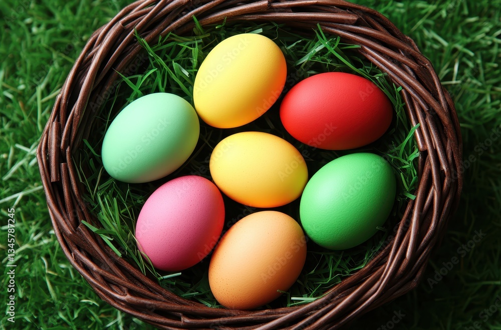 Naklejka premium Colorful Easter Eggs in a Nest Surrounded by Green Grass for Spring Celebrations and Festive Decorations