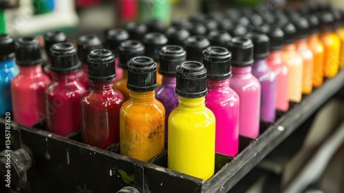 Wallpaper Mural Colorful bottles of eco-friendly ink made from plant-based dyes are arranged neatly, showcasing vibrant colors and sustainable practices in ink production Torontodigital.ca