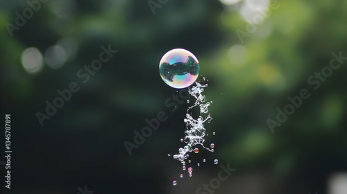 Floating Soap Bubble with Rainbow Iridescent Colors Against Blurry Green Background Light and Airy Atmosphere