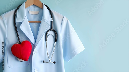 A doctor dress is hanged and presented along with stethoscope and a cute red heart toy representing World Health Day