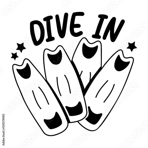 Glyph sticker of colorful swimming fins with the text "dive in"
