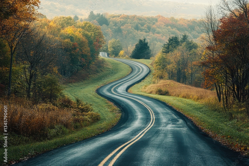 Curving autumn road through colorful trees in serene countryside at dawn Curving autumn road through colorful trees in serene countryside at dawn