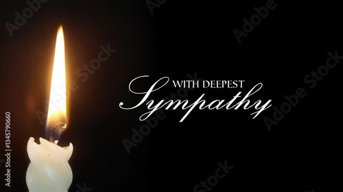Text message With Deepest Sympathy appearing animated on black background a flickering candle casting warm light. Intimate solemn contemplative atmosphere.
