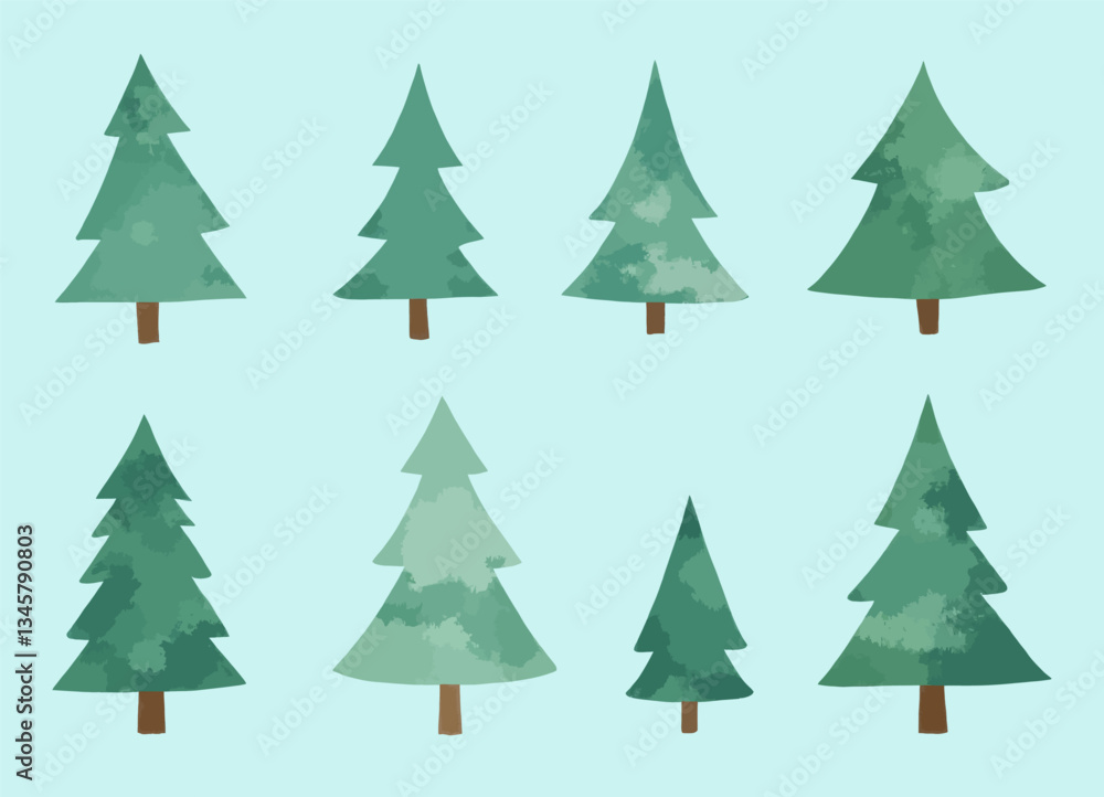 Watercolor Green Pine Trees Pattern on Light Blue Watercolor Green Pine Trees Pattern on Light Blue