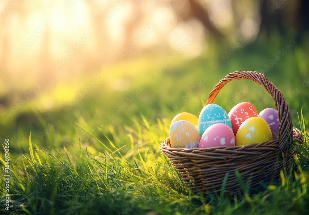 Fototapeta premium Colorful Easter eggs in a wicker basket placed on lush green grass, illuminated by soft sunlight during the spring season, celebrating the holiday spirit