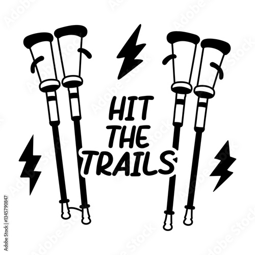 Glyph sticker of hiking poles with the text "hit the trails"
