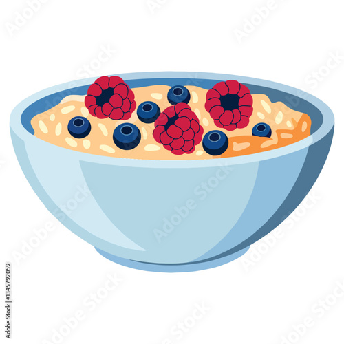 Oatmeal porridge in a bowl with blueberries and strawberries, isolated on a white background. Vector flat illustration of a healthy and delicious breakfast meal.