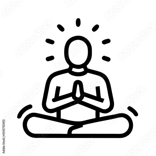 Line art illustration of a person meditating with hands in prayer position on a white background for wellness concept