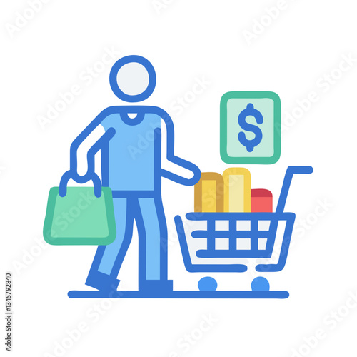 Person shopping with a cart filled with products and a dollar sign illustration on a white background for retail concept